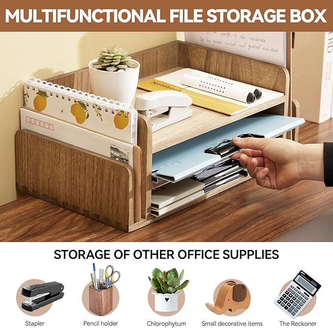 KIRIGEN Wood Desk Organizer 5 Trays - Desktop Document Letter Tray for Folders, Mail,File -Nature 3-Tier Office Mail Sorter Organizer Rack/Telephone Stand/Document Holder Dark Brown(2TP-DBR)