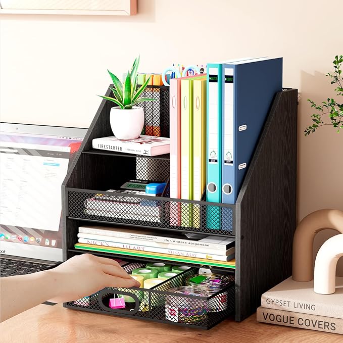 Homsorout Wooden Desk Organizer - Mesh File Organizer with Drawers and Pen Holder - 4-Tier Vertical Paper Letter Storage Tray, Desktop Organizers and Accessories for Home Office (Black