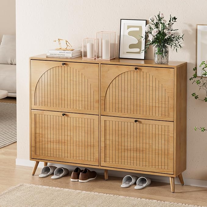 Fsbecl Shoe Storage Cabinet for Entryway with 4 Flip Drawers, Narrow Shoe Organizer with Fluted Panel, Freestanding Wood Hidden Shoe Cabinet (Wood Color, 4 Flip Drawers)