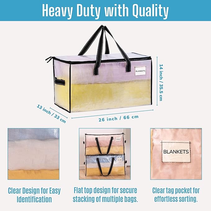 VENO 4 Pack Heavy Duty Moving Bags, Clear Storage Bags for Clothes and Comforters, College Dorm Essentials Packing Supplies, Foldable Boxes Alternative (Clear, 4 Pack)