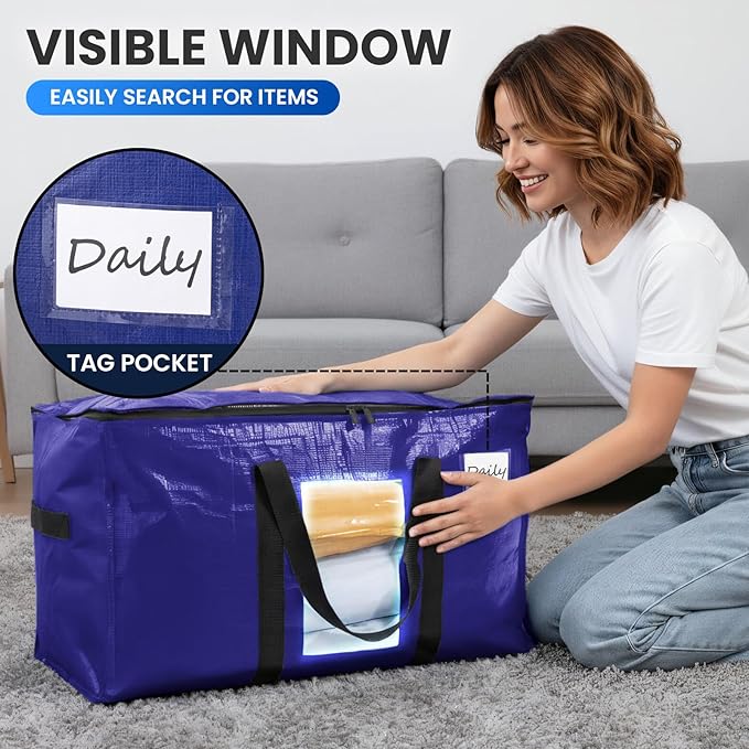 TAILI 8 Pack Dark Blue Extra Large Moving Bags, Heavy Duty Totes with Visible Window, Wrap Around Handles, Great for Storage
