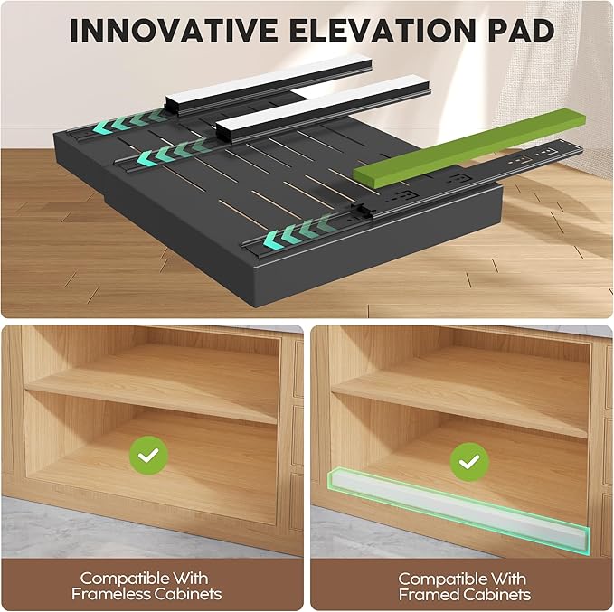 Seinloes 4 Pack Pull Out Cabinet Organizers 21" Deep With Raising Pad for Framed Cabinets, Expandable Width (15.2"-26.3") Slide Out Drawers Upgrade 3 Slide Rails, Roll Out Shelves Adhesive, Black