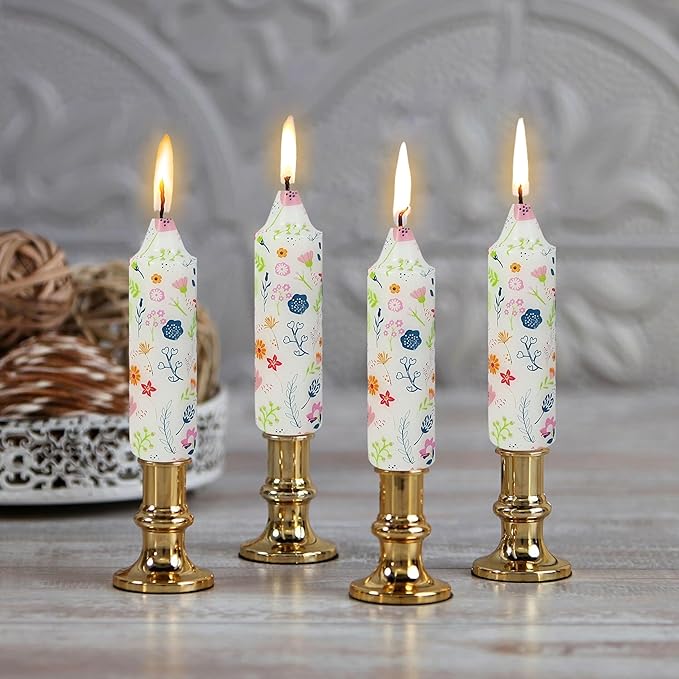 5 inch Short Candle Floral Candle Sticks Printed Candlestick Handmade Unscented Taper Candle 4 Pack Cute Flower Tapered Candles for Home Dinner Wedding Holiday
