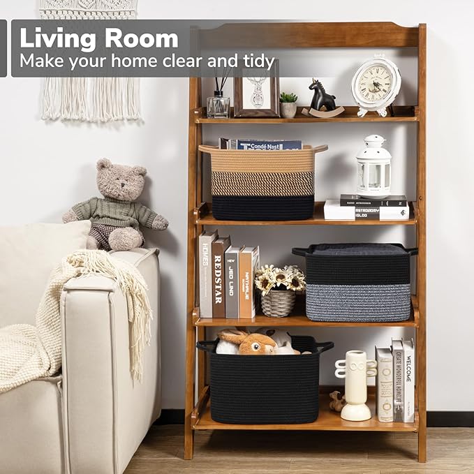 Goodpick Woven Storage Baskets for Organizing, Cotton Rope Organizer for Living Room Bedroom, Black Laundry Basket with Handles, Stylish Gift Baskets for Baby Boys, 13"x10"x9"