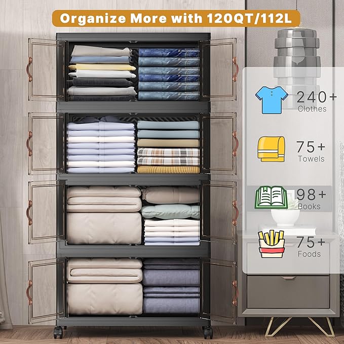 UAMFURI Extra Large Stackable Storage Bins with Lids & Wheels, Foldable Collapsible Closet Organizers Dark Storage Cabinet with Doors for Bedroom Dorm