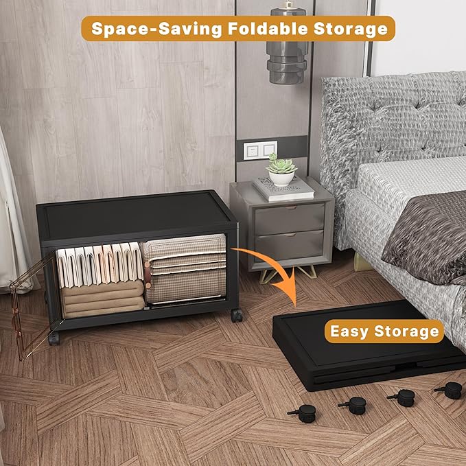 UAMFURI Extra Large Stackable Storage Bins with Lids & Wheels, Foldable Collapsible Closet Organizers Dark Storage Cabinet with Doors for Bedroom Dorm