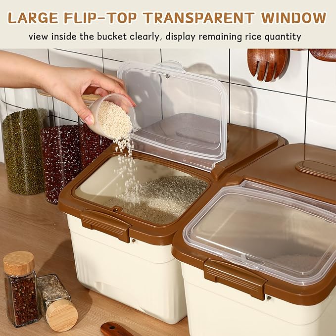 Blushtier 4 Pack Large Rice Storage Containers 30 Lbs Airtight Flour Container with Seal Locking Lid and Measuring Cup Kitchen Dry Food Storage Bins for Cereal Sugar Beans(Khaki)