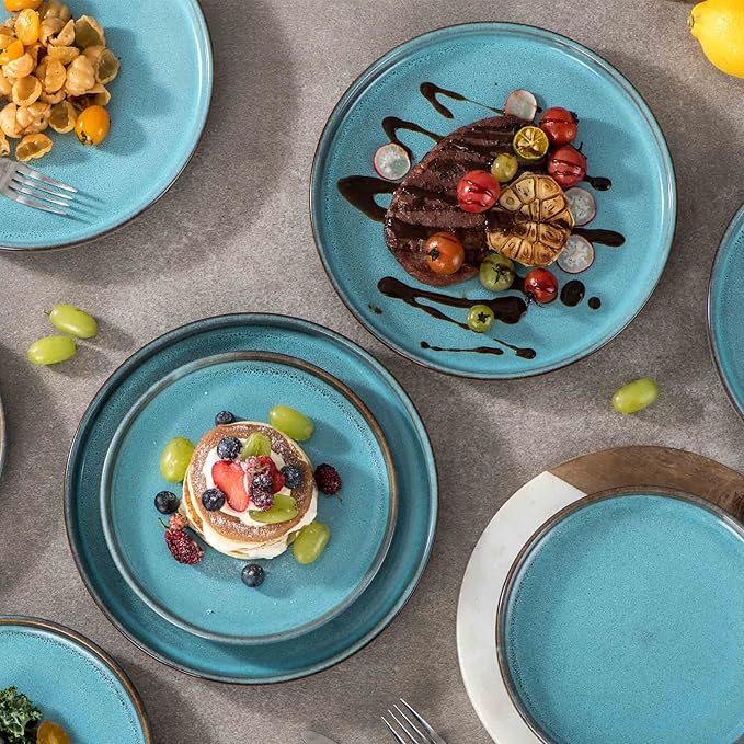 Henten Home Ceramic Dessert Plates, 8 Inch Porcelain Salad Plates Set of 4, Round Snack Plates for Kitchen, Cake Serving Stoneware Dishes, Reactive Glaze, Scratch Resistant (Aqua)