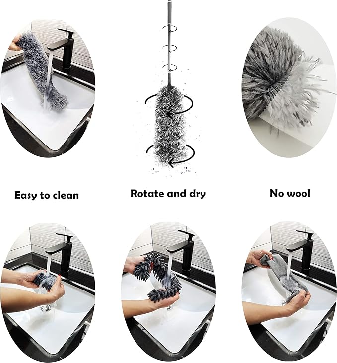 5-in-1 Microfiber Duster with Extension Pole (30-100") Kit for High Ceiling, Fan, Cobweb, Blind & Furniture, Bendable Washable Heads, Reusable Dusters for Cleaning