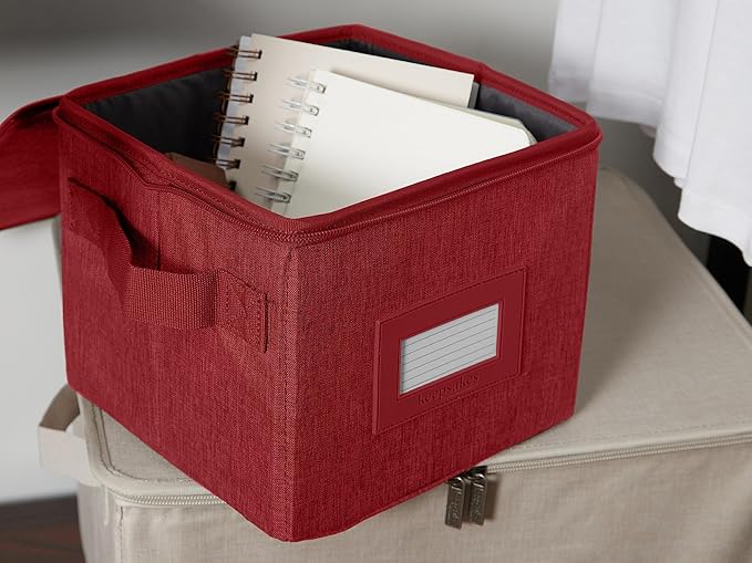 Covermates Keepsakes Zip-Top Storage Box Set, 3 Pack Heavy Duty Polyester Organizer Bins, Stackable Design, ID Window, Reinforced Handles, Closet Home Storage, Red Heather