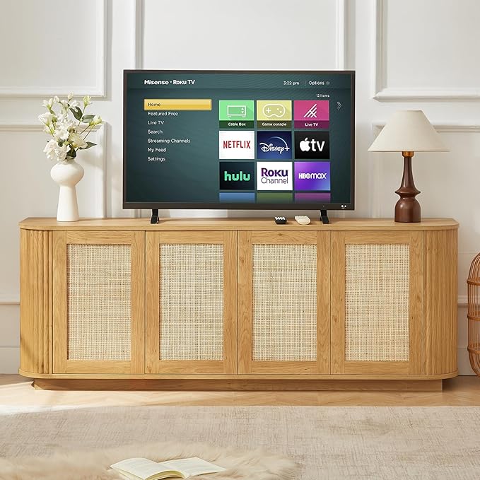 64" Sideboard Buffet Rattan Cabinet, Modern Fluted Credenza with Adjustable Shelves, Wooden Storage Cabinet TV Stand for Living Room Kitchen Dining Room Hallway, Natural