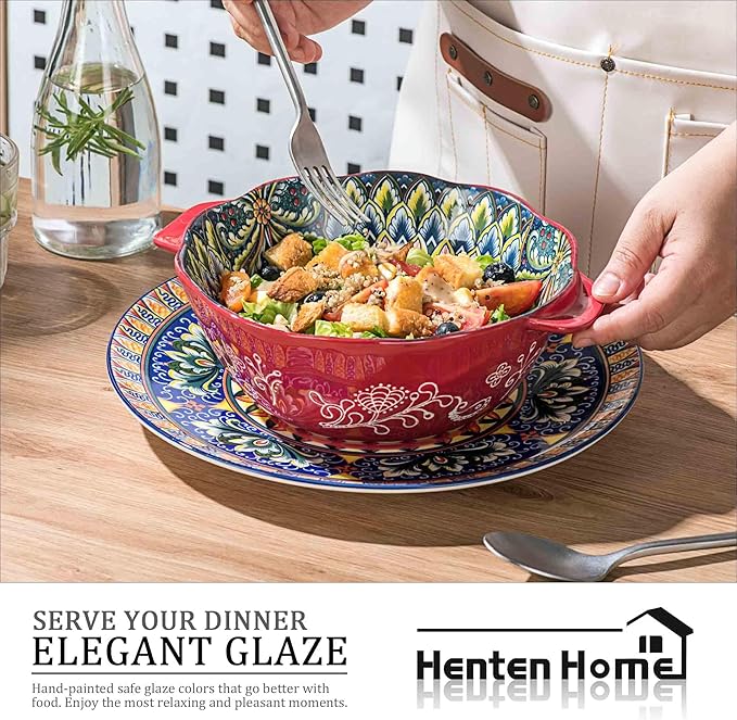 Henten Home Bohemia Large Bowls with Handle, 49 oz Ceramic Soup Bowl Set of 2, Porcelain Pho Bowl, Floral Noodle Bowls Set for Kitchen, Ramen, Udon, Microwave & Dishwasher Safe