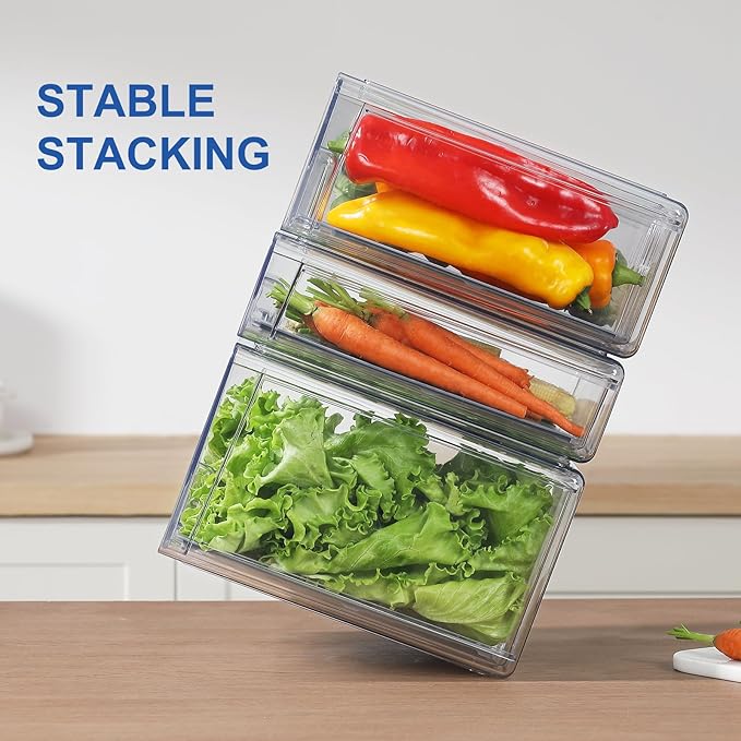 Pull Out Clear Fridge Organizer Drawers with Drainer, Refrigerator Stackable Storage Bins for Kitchen Fruit & Veggie Organization (2PCS, Large)