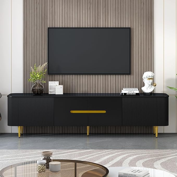 Amposei Modern TV Stand for up to 85-Inches TVs, Media Entertainment Center Console Cabinet with Storage for Living Room, Metal Legs, 78.7-Inch, Black
