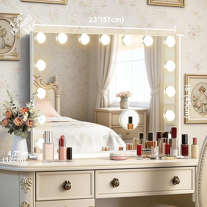 Ratsamee 23" x 18" Hollywood Vanity Mirror with Lights, 15 Dimmable Bulbs, 3 Color Lights, Make Up Lighted Mirror, USB Charging Port, Gifts for Women Wife Teengirls