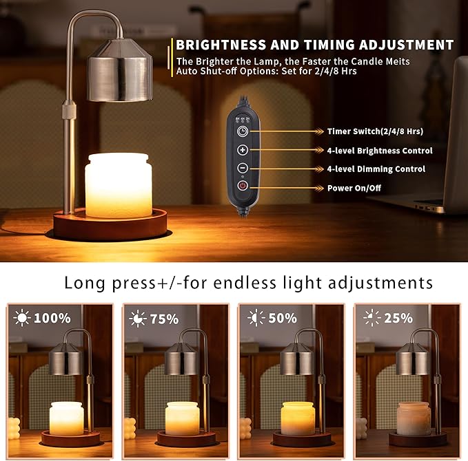 Candle Warmer Lamp with Timer Dimmable,Electroplated lampshade and Wooden Base,Height Adjustable Candle Warmer with 2 Bulbs,Gifts for Women Mom Bedroom Decor with Wax Tray