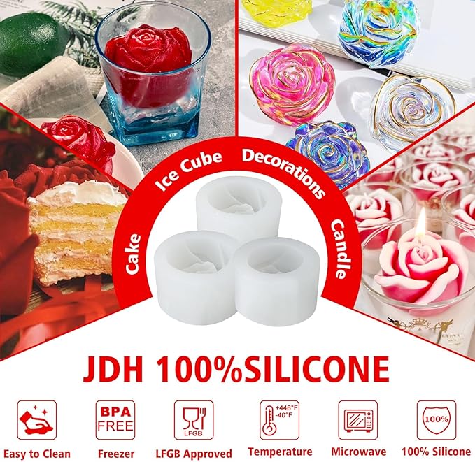 3 PCS Rose Silicone Molds Soap 3D Flower Mold Candle Mold Clay Resin Molds for DIY Handmade Soaps, Candle Gifts, Resin Crafts, Ice Cubes, Chocolate and Home Decorations