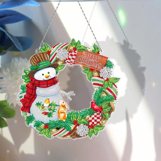Crystal Painting Snowman Wreath with LED Lights String DIY 5D Diamond Art Painting Christmas Wreaths Hanging Pendant Special Shaped Diamond Gem by Number Stitch Kits for Outdoor Porch Home Wall Decor