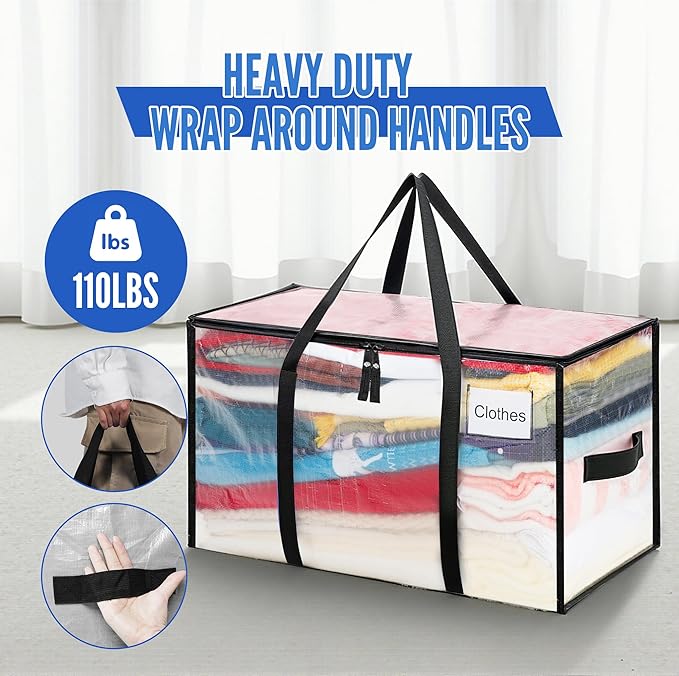 BAGAIL Heavy Duty Moving Bags with Strong Handle, Extra Large Moving Boxes, Storage Tote for Clothes, College Moving Supplies(Clear, 2 Pack)