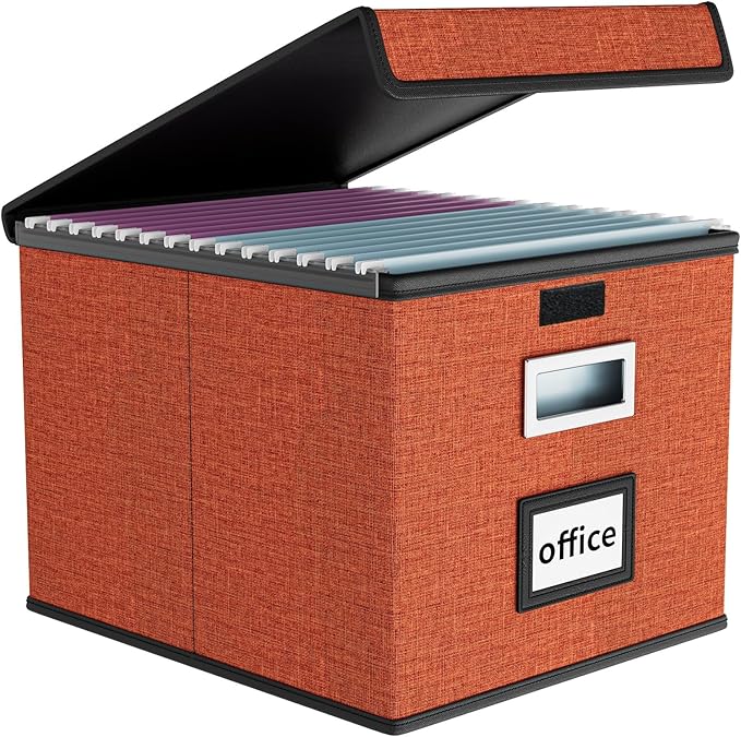 Huolewa File Organizer Box with Lid, Collapsible File Folder Organizer for Office Document Storage, Filing Box with Plastic Slide for Letter Size Hanging File Folders(1 Pack, Reddish Organge)
