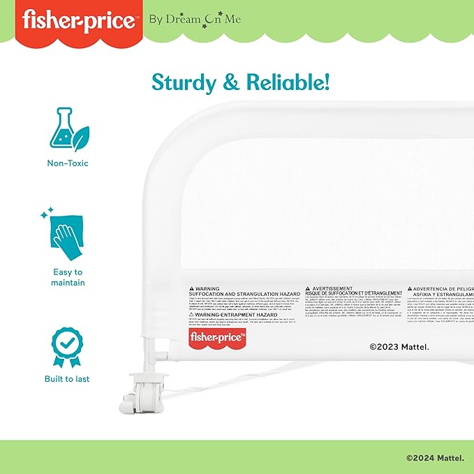 Dream On Me Fisher-Price Little Naps Bed Rail for Toddlers in White, Suitable for All Types of Beds, No Tool Assembly for Toddler Bed Rail