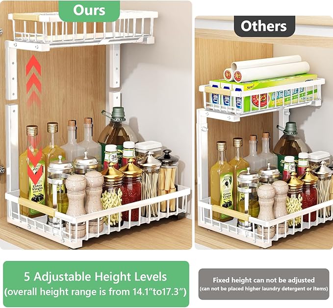Under Sink Organizers,5 Adjustable Height，Metal Pull Out Under Sink Organizers and Storage Shelves with Sliding Drawer (White, 2 pack)