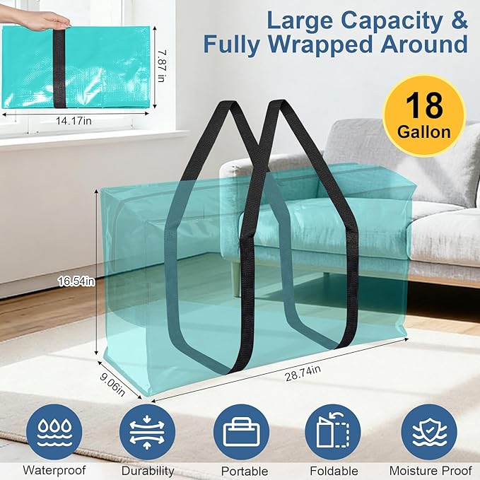 6Pcs Extra Large Heavy Duty Moving Bags with Reinforced Zippers & Handles, 67L Waterproof Storage Tote Bag Bins Alternative to Box Moving Supplies Space Saving for Travel College Dorm Essentials Green