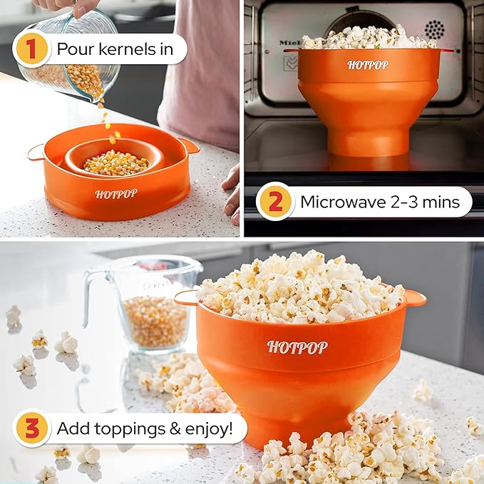 The Original Hotpop Microwave Popcorn Popper, Silicone Popcorn Maker, Collapsible Bowl BPA-Free and Dishwasher Safe- 20 Colors Available (Orange)