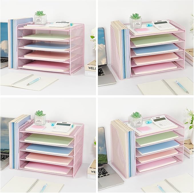 OPNICE Desk Organizer, 5-Tier Paper Organizer Letter Tray with Magazine Holder, Office Desk Accessories & Workspace Organizers, Desktop File Organizer for Office Supplies Storage, Pink