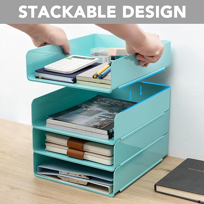 Tiawudi Desk Organizer, Office Organization and Storage, Plastic Letter Tray, Stackable File Organizer for Classroom, Home, Documents, Notes, Folders, Books and Pens, 4 Tier