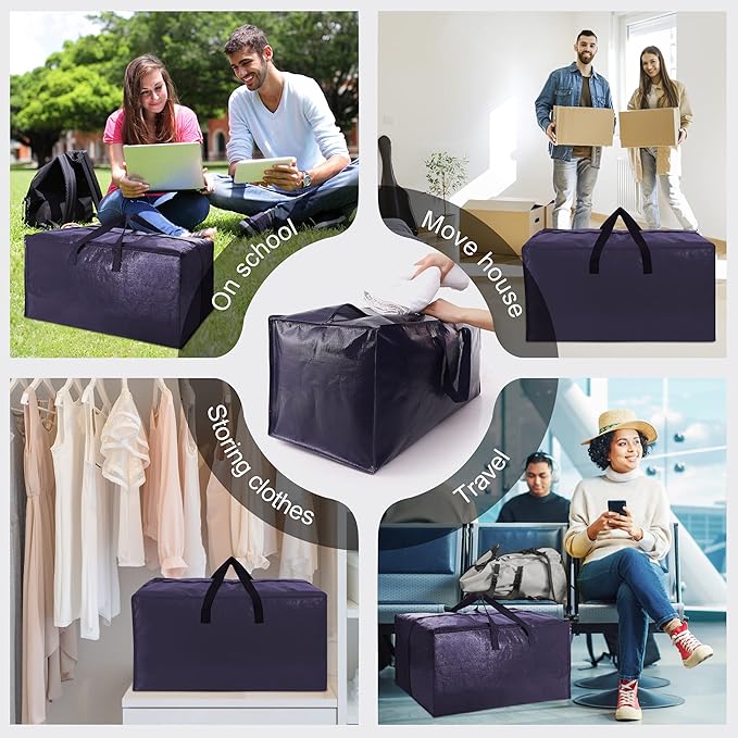VELVETSURE 12 Pack Heavy Duty Extra Large Moving Bags W/Backpack Straps - Strong Handles & Zippers, Storage Totes For Space Saving, Fold Flat, Alternative to Moving Box and Storage Bin, Blue