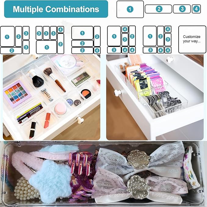 27 Pack Clear Plastic Drawer Organizer Set - 4 Sizes Makeup Vanity Organizer Chest of Drawers Storage Stackable Organizers Bins Divider Box for kitchens, Bedrooms, Bathrooms, Offices, Junk, Gadgets