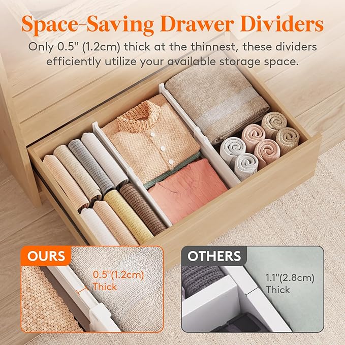 Lifewit 8" Tall 6 Pack Drawer Dividers, 35-56.5cm/13.8-22.2" Expandable Drawer Divider for Clothes, Adjustable Dresser Drawer Organizers, Drawers Separators for Dresser/Bathroom/Closet/Kitchen White