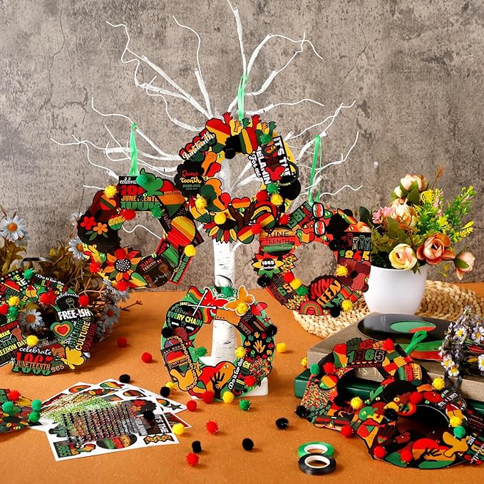 Hollowfly 48 Sets Juneteenth Wreath Craft Kits DIY Juneteenth Wreath Hanging Ornaments African American Paper Arts Craft with Stickers Gifts for June 19th Freedom Independence Day Party Activities
