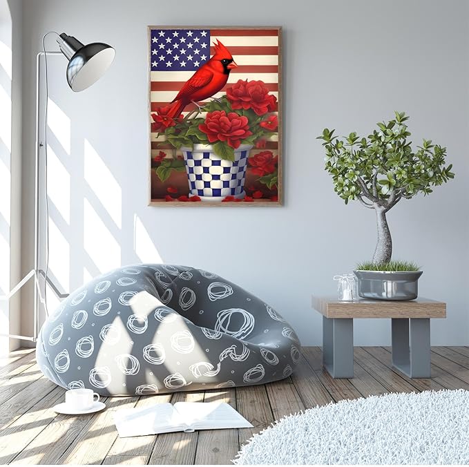 GUAIEUW Flowerpot Red Bird Flag Diamond Painting Kit for Adults, Full Round Diamond Cardinal Bird 5D Diamond Painting DIY Art Crafts for Winter Home Wall Decor Holiday Gift 16x24 Inch