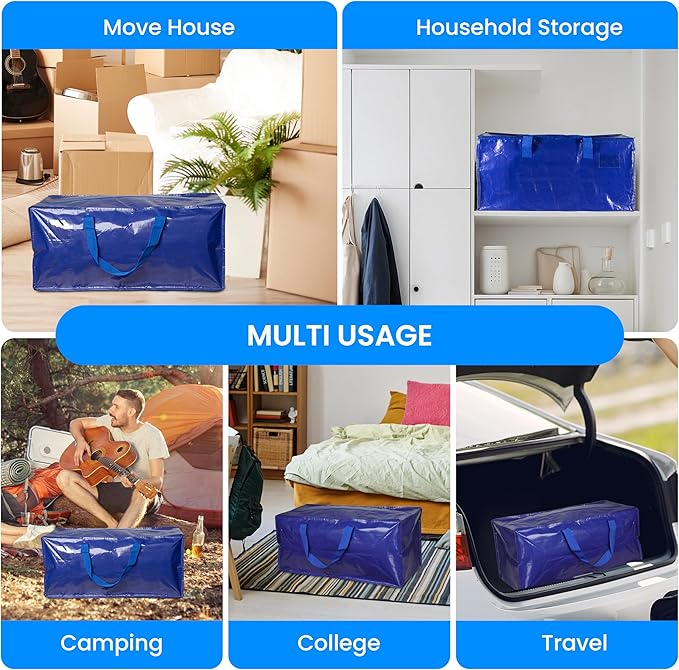 Simple Deluxe 10 Pack Extra Large Moving Bags with Backpack Straps, Strong Handles/Zippers, Heavy Duty Storage Tote for Moving Travel Camping Space Saving, Blue