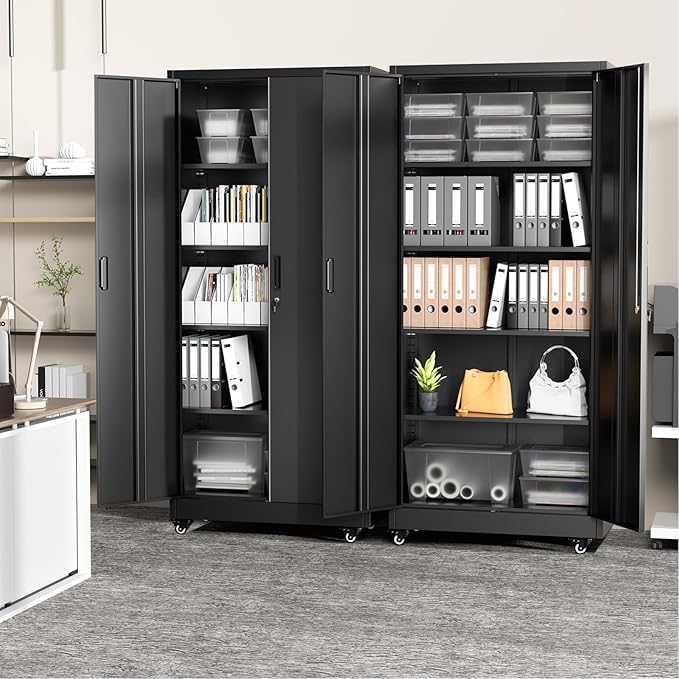Greenvelly 73" Metal Storage Cabinet with Wheels, Lockable Rolling Metal Garage Cabinets with 2 Doors and 4 Adjustable Shelves, Rolling Tool Cabinet for Garage, Home Office, School