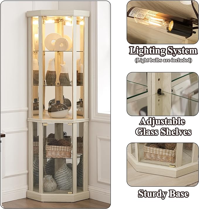 69" H Lighted Curio Cabinet Corner Display Case,Corner Glass Cabinets with Tempered Glass Door and Adjustable Shelves,Wooden Curio Cabinet with Mirrored Back Pane(Style 1 - Antique White)