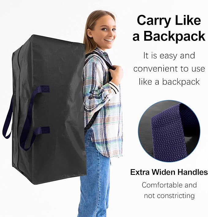 VELVETSURE Heavy Duty Extra Large Moving Bags W/Backpack Straps - Strong Handles & Zippers, Storage Totes For Space Saving, Fold Flat, Alternative to Moving Box and Storage Bin (Set of 6, Black)