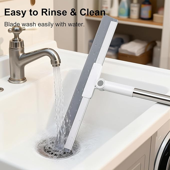 3-in-1 Floor Squeegee with 51″-58″ Telescoping Handle & 180° Rotating Head for Tile, Hardwood & Under-Furniture Cleaning, Air Broom for Water & Pet Hair Removal