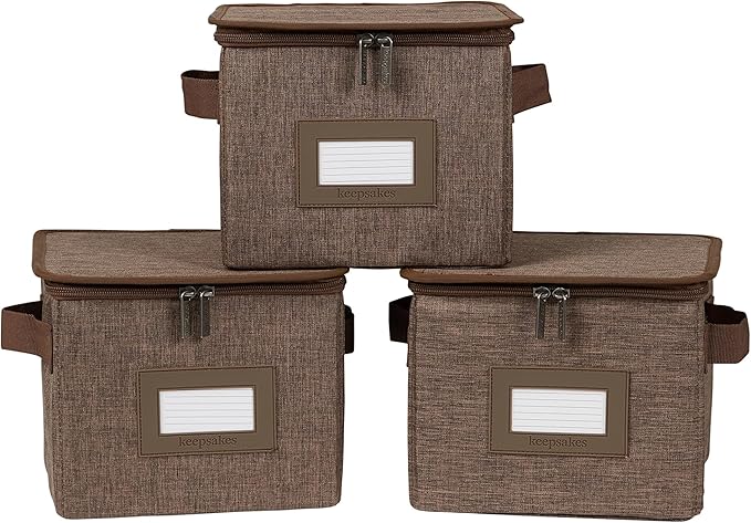 Covermates Keepsakes Zip-Top Storage Box Set, 3 Pack Heavy Duty Polyester Organizer Bins, Stackable Design, ID Window, Reinforced Handles, Closet Home Storage, Brown Heather