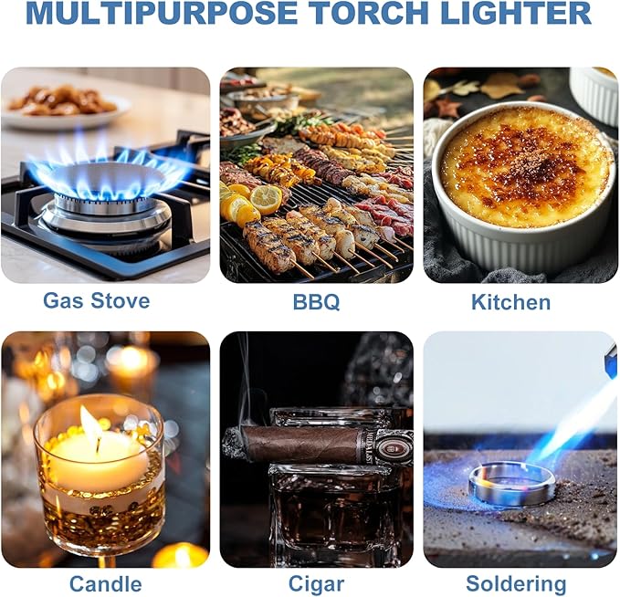 Torch Lighter, Butane Lighter, Windproof Adjustable Big Jet Flame Butane Torch, Refillable Gas Long Torch Lighter with Safety Lock for Candle Grill Camping BBQ Kitchen Soldering, Gas Not Included