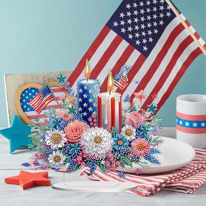 ARTopet 2Pcs DIY Diamond Desktop Ornament US Independence Day Special Shaped Crystal Double Sided Pattern Single Sided Diamond Art Painting Tabletop Home Ornaments Decor-01
