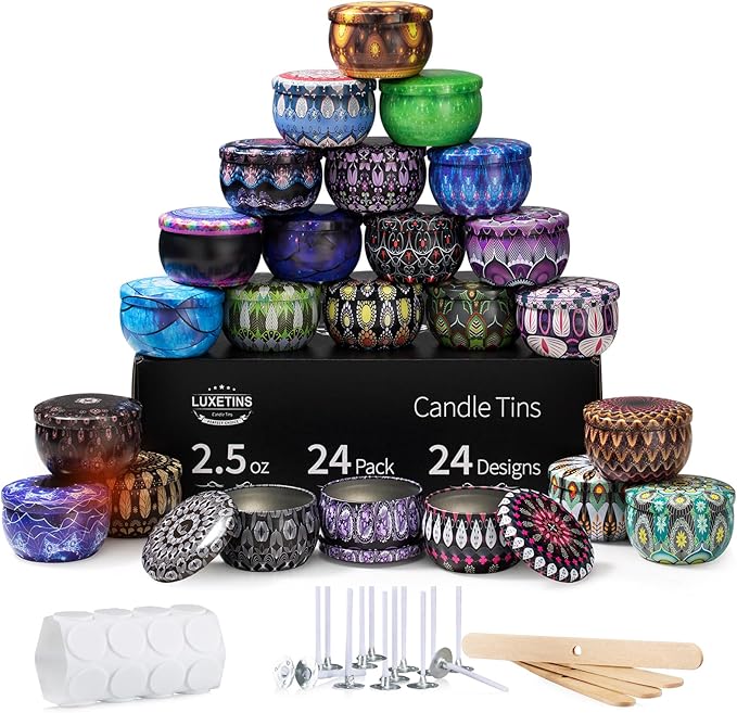 Luxetins 24 Pack Empty Candle Tins, 24 Designs Metal Tins,Candle Containers with Lids,Bulk Candle Jars,Wicks, Stickers, Wicks Holder for DIY Candle Crafting Small Businesses(4OZ×24PCS)