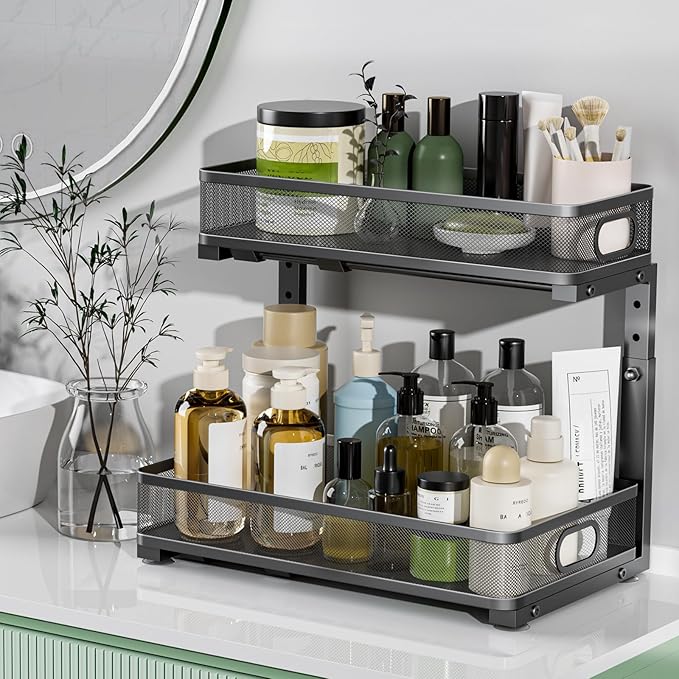Under Sink Organizer 2 Pack, High Adjustable 2 Tier Under Sink Organizers and Storage, Slide out Metal Cabinet Organizers, Pull out Storage Drawer Shelf for Kitchen Bathroom Cabinet