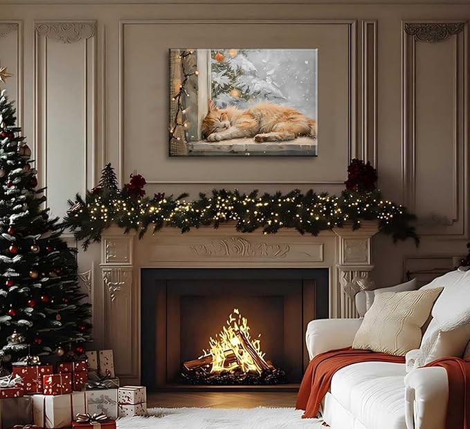 Paint by Number Kit for Adults & Kids, Christmas Sleeping Cat by Window 16x20 Inch, DIY Acrylic Painting Kit with Brushes & Paints, Holiday Art Decor for Home Framed