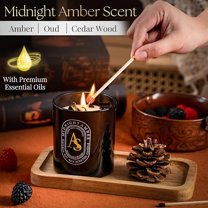 Amber Oud Scented Candle for Men 7.5oz, Coconut Soy Wax with Healing Crystals, Sage Candles for Cleansing House Negative Energy, Meditation Intention Decor, Manifestation Spiritual Gift