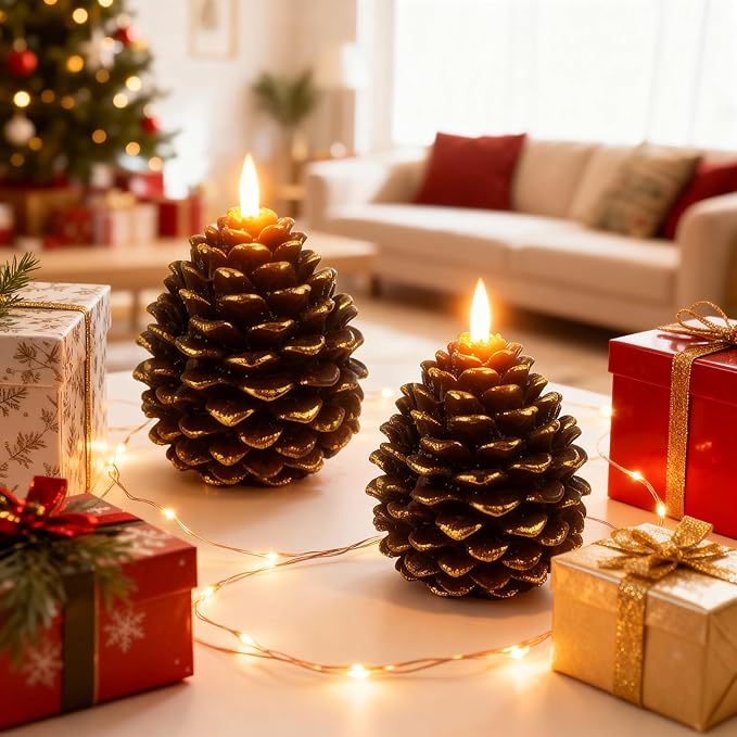 2pcs Flameless Pinecone Candles with Remote, Battery Operated Pine Cone Candles Real Wax Winter Decor, Flickering LED Christmas Decoration, D3.5 x H5 Inch, Brown & Gold Trim