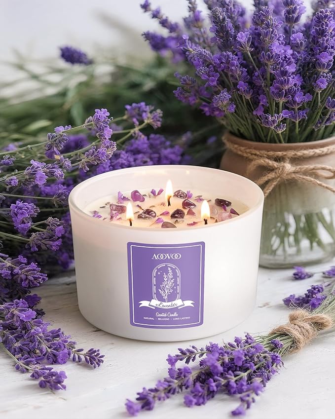 AOOVOO Lavender Scented Candles for Women - 20oz 3 Wick Soy Candles for Home Scented, Aromatherapy Candle with Crystals Inside, Birthday Gifts Valentines Day Candle for Women Mom