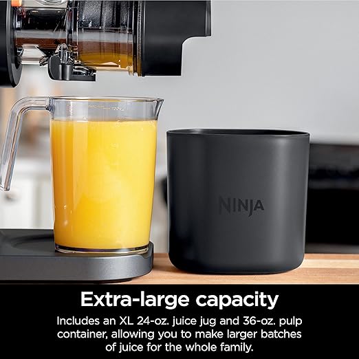 Ninja NeverClog Cold Press Juicer | Powerful Electric Slow Masticating Juicer with Pulp Control | XL Capacity | 24 oz. Juice Jug & 36 oz. Pulp Container | Dishwasher Safe | Charcoal | 150W | JC151